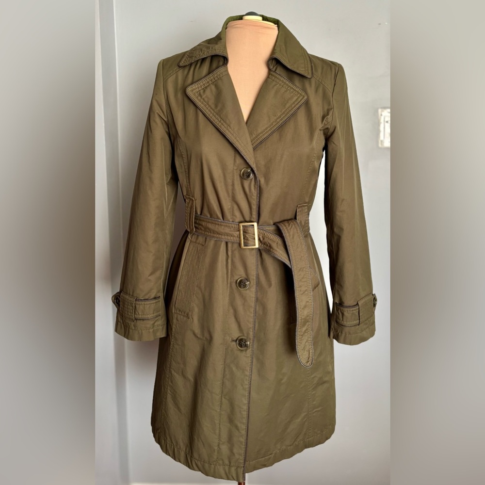 Gallery Double Breasted Olive Trench Coat with Belt and Button Closure